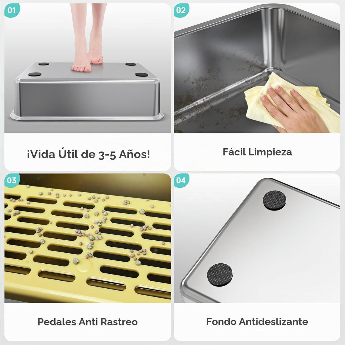Caja de arena de acero inoxidable con lado alto, caja de arena extragrande XXL para gatos grandes y múltiples gatos, antiadherente, sin fugas de orina, bandeja de arena para gatos fácil de limpiar