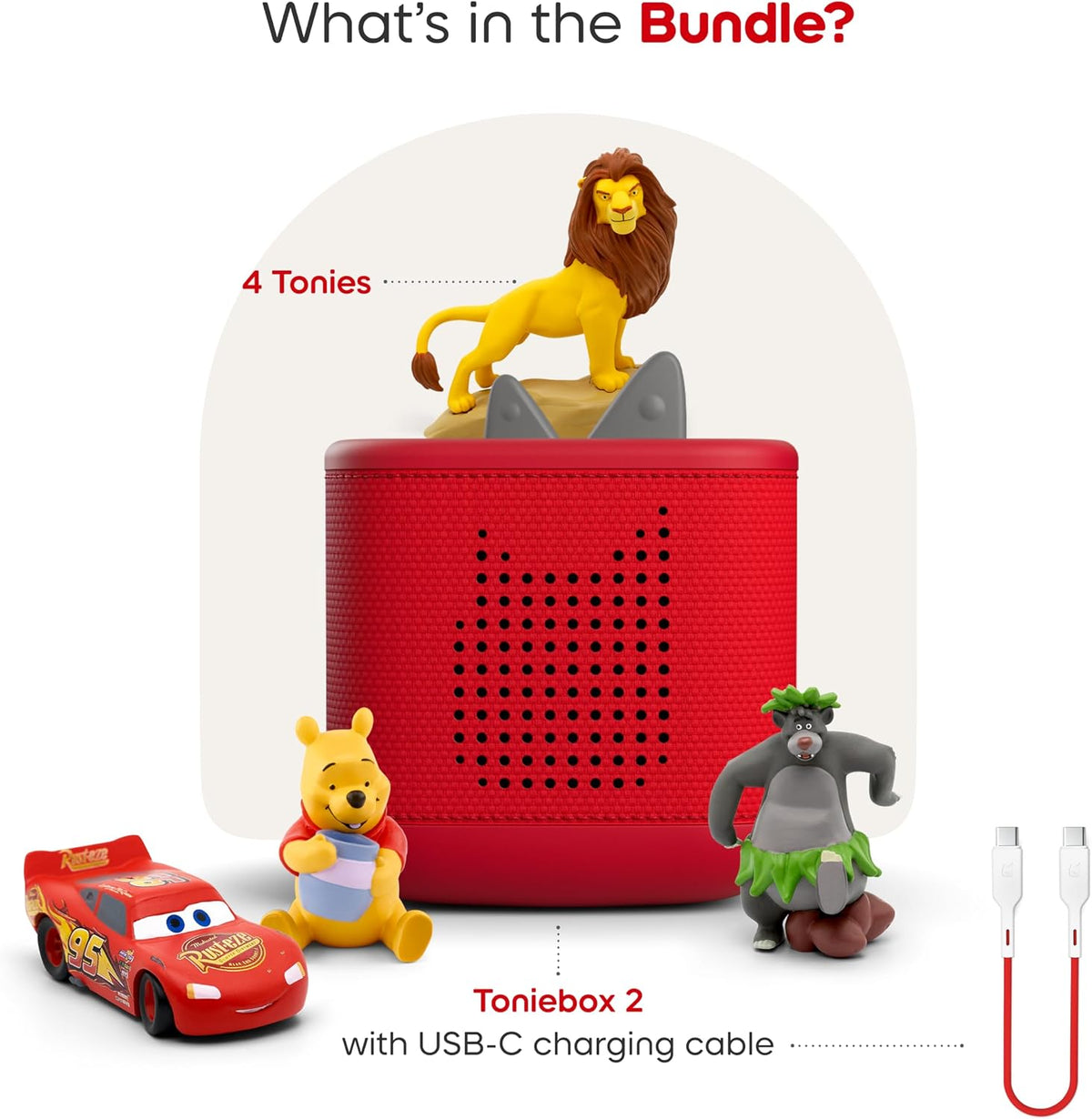 Toniebox 2 Audio Player Disney Bundle para Kids 3+ con Lightning McQueen, Simba, Winnie Pooh, y Baloo - Sunset Red