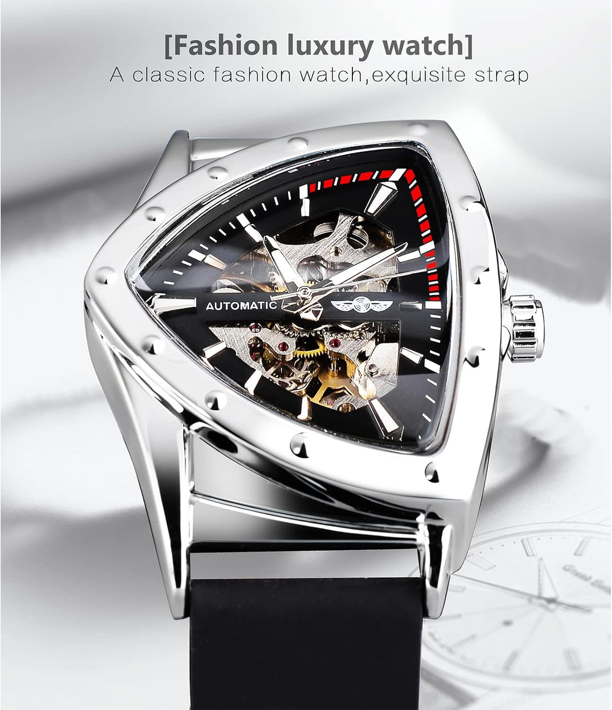 FORSINING Relojes de esqueleto para hombre, reloj mecánico automático con esfera triangular, relojes de cuerda automática luminiscentes, pulsera de acero inoxidable o correa de silicona suave