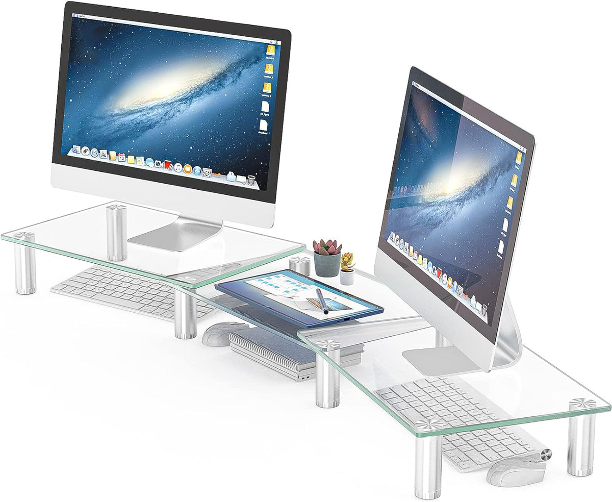 Hemudu Soporte para monitor dual: longitud y ángulo ajustables, soporte elevador de monitor dual, organizador de escritorio para PC, computadora, laptop (Transparente)