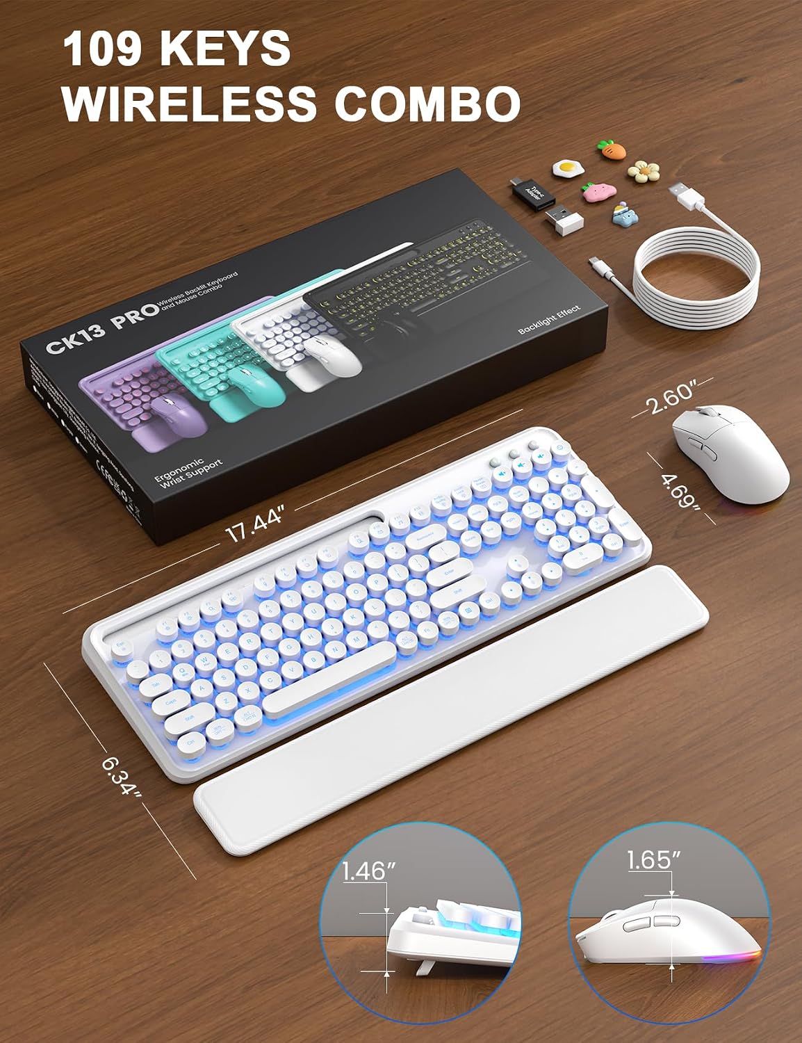 Teclado y mouse inalámbricos, máquina de escribir retroiluminada co...