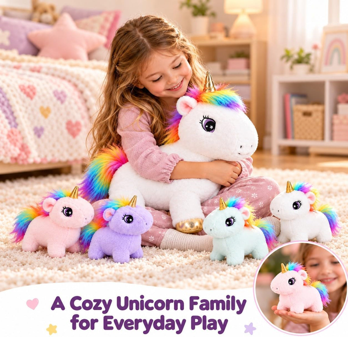 Animal de peluche de unicornio con bebés, conjunto familiar de felpa suave para mamá, lindo juguete de caballo arcoíris, peluche de animales de fantasía, regalo para niños, niñas, niños y