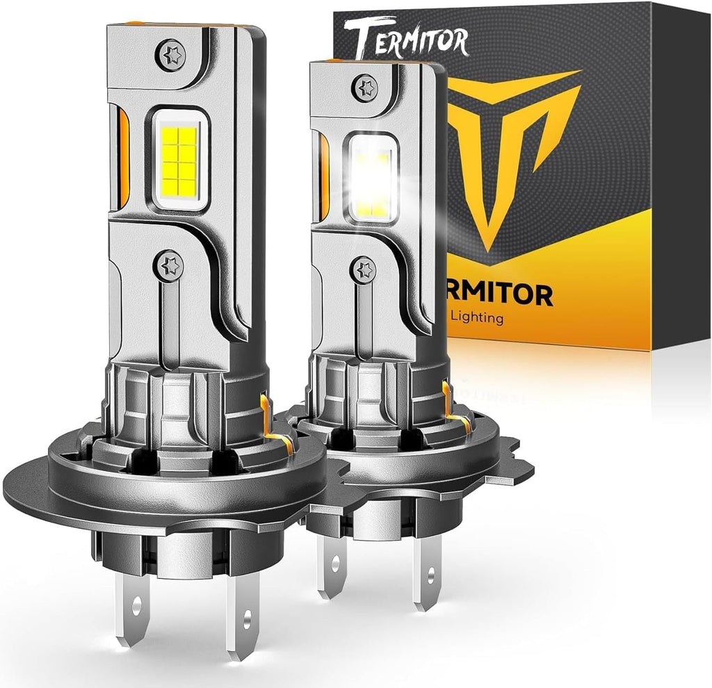 Termitor Bombillas LED H7, brillo de 100,000 lúmenes, luz blanca diurna de 6500 K, no requiere adaptador, fácil instalación, 85,000 horas + vida útil, bombillas H7 Powersports para MC y ATV, tamaño 1