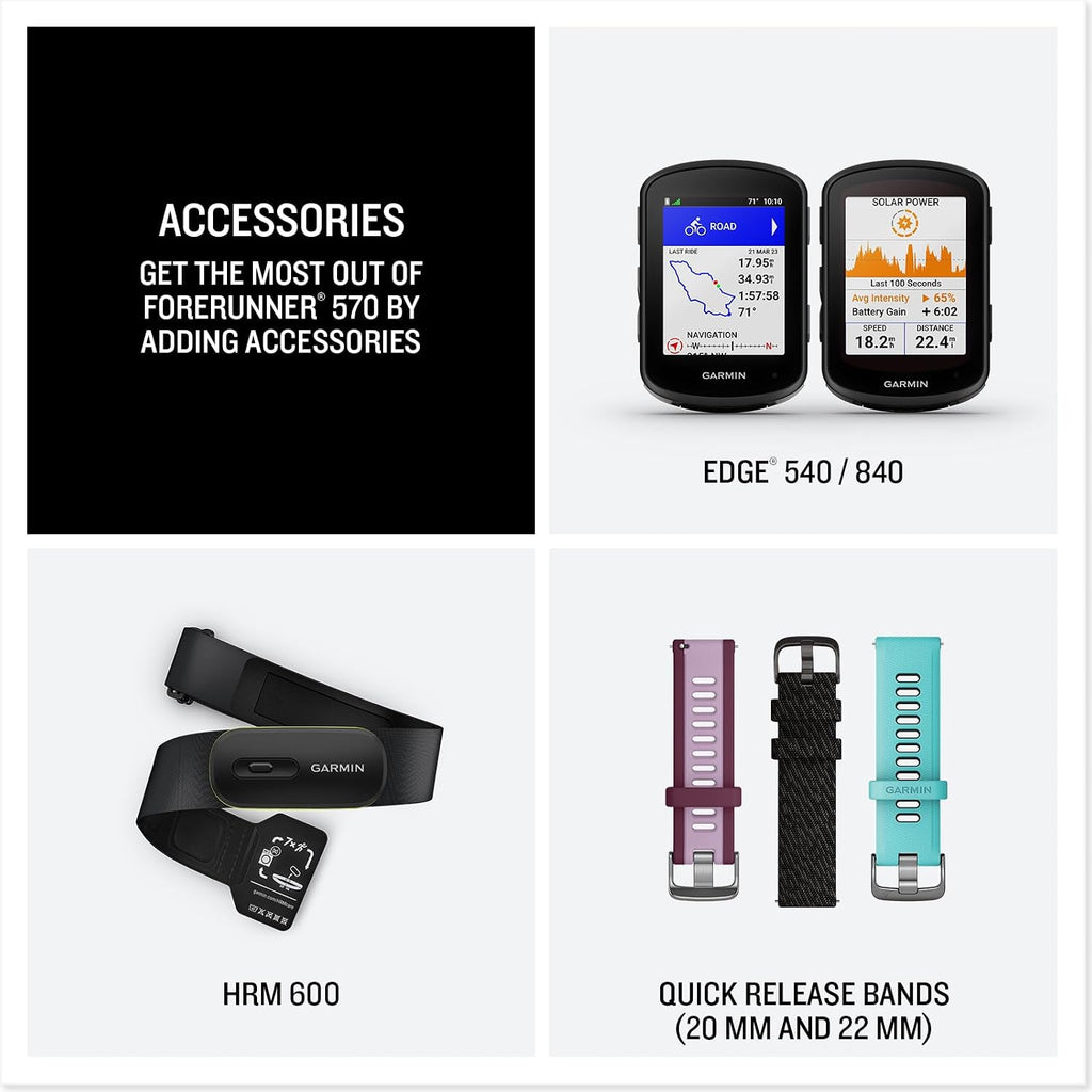 Garmin® Forerunner® 570, 42mm, Reloj inteligente avanzado GPS para correr y triatlón, pantalla AMOLED, funciones de entrenamiento y recuperación, aluminio frambuesa con banda translúcida hueso/mango
