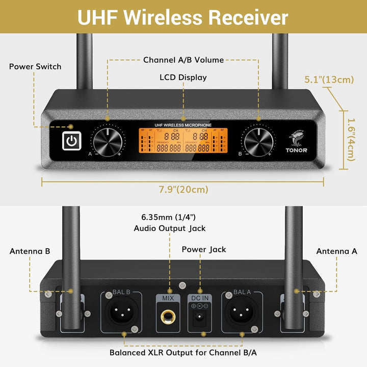 TONOR Sistema de micrófonos inalámbricos UHF con auriculares\/micró...
