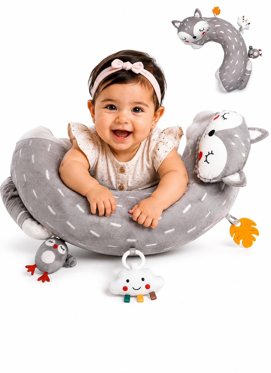 Juguete de actividad para el tiempo boca abajo, almohada sensorial para bebés de 0 a 6 meses, almohada con sonajero desmontable, juguetes arrugados y mordedores, almohada suave y transpirable para recién nacidos y bebés