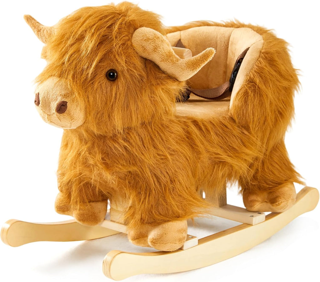 Caballo mecedora bebé, caballo de madera de ganado Highlander para niños de 1 año lindo vaca de peluche suave cabalgadura juguete mecedora animal para bebés niños y niñas regalo de guardería/niño