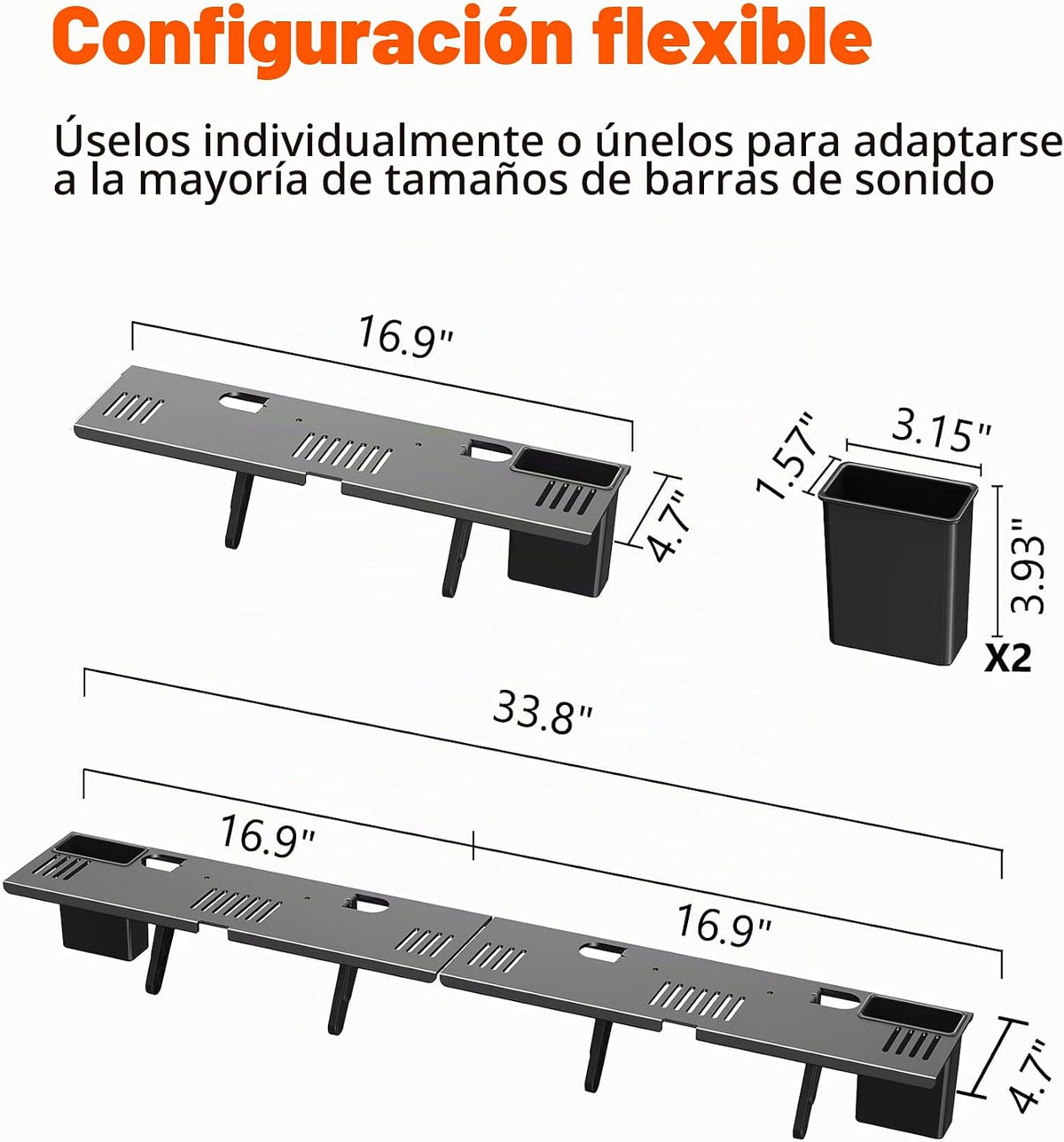 Soporte para barra de sonido, estante superior de TV de acero sin perforaciones con cajas de almacenamiento, soporte de barra de sonido de hasta 15 libras, soporte universal para barra de sonido para