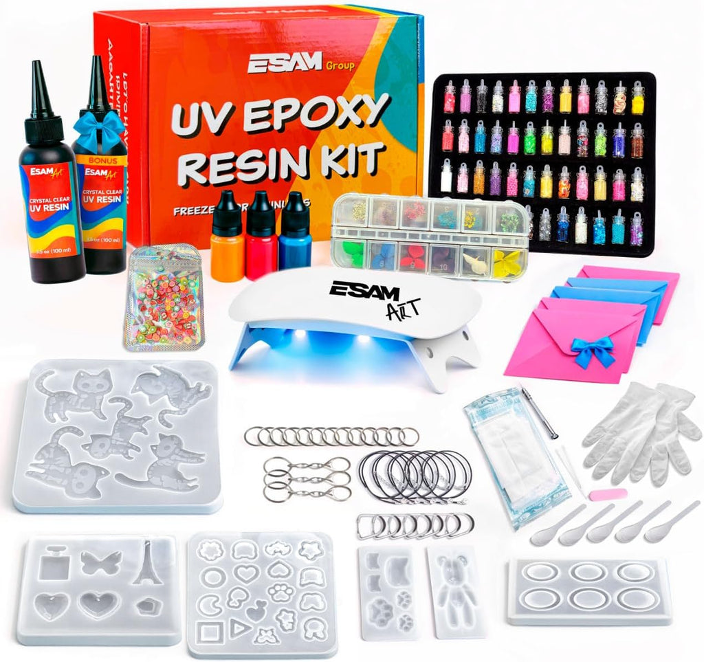 Lámpara ESAM Group Kit de fabricación de joyas de resina UV para niños, adolescentes y principiantes, juego completo de inicio con lámpara UV, 6 moldes de silicona, 48 purpurina, 3 pigmentos, hallazgos de joyería, flores secas y herramientas (kit de lujo)