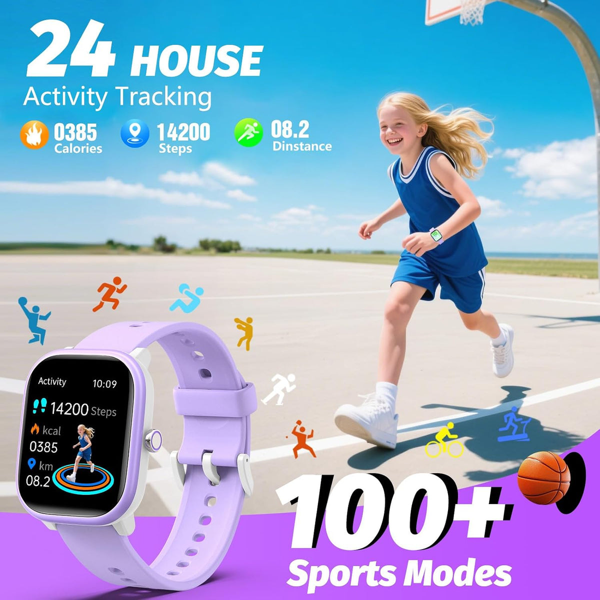 Wach - Reloj inteligente para niños de 6 a 15 años, monitor de actividad física de 1.8 pulgadas, no necesita teléfono, podómetro, monitor de sueño resistente al agua, juego de rompecabezas para niñas, niños, adolescentes, regalo de cumpleaños (morado)