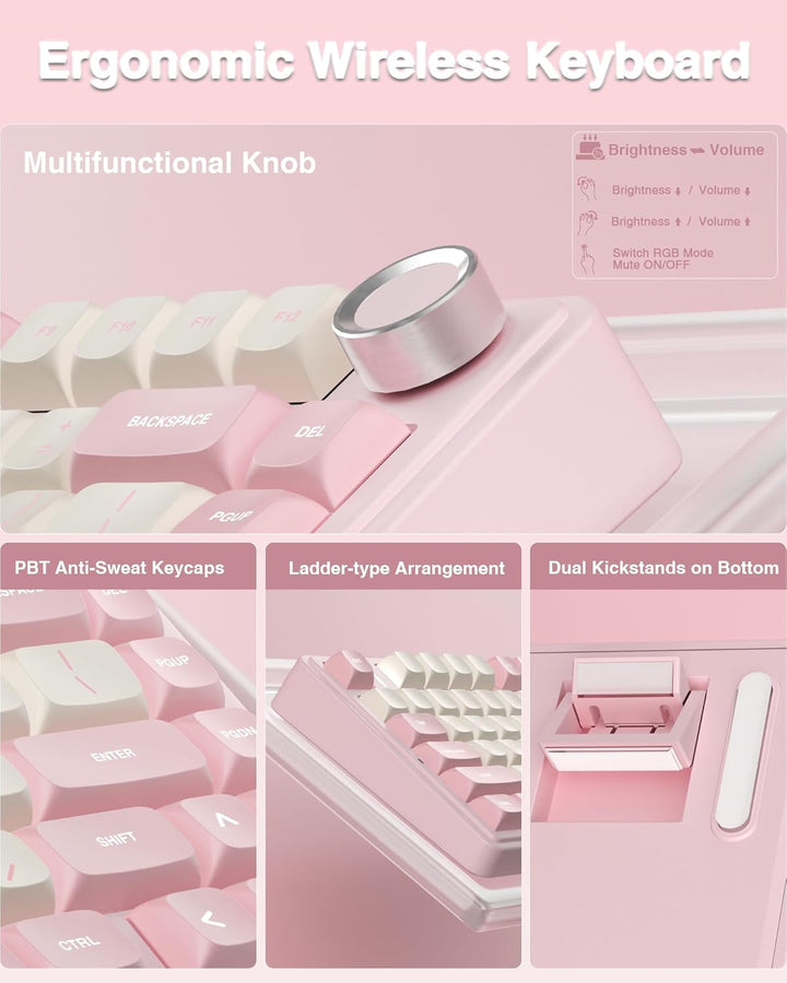 AULA Teclado Mecánico Inalámbrico F75 75%, Teclado Rosa Cremoso Int...