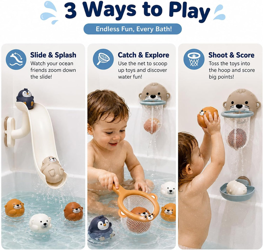 Juguetes de baño para mayores de 3 años, sin agujero, 6 animales marinos flotantes con tobogán de agua, aro de baloncesto y red de atrapación, juguetes de bañera para niños y niñas, juguetes de agua