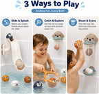 Juguetes de baño para mayores de 3 años, sin agujero, 6 animales marinos flotantes con tobogán de agua, aro de baloncesto y red de atrapación, juguetes de bañera para niños y niñas, juguetes de agua