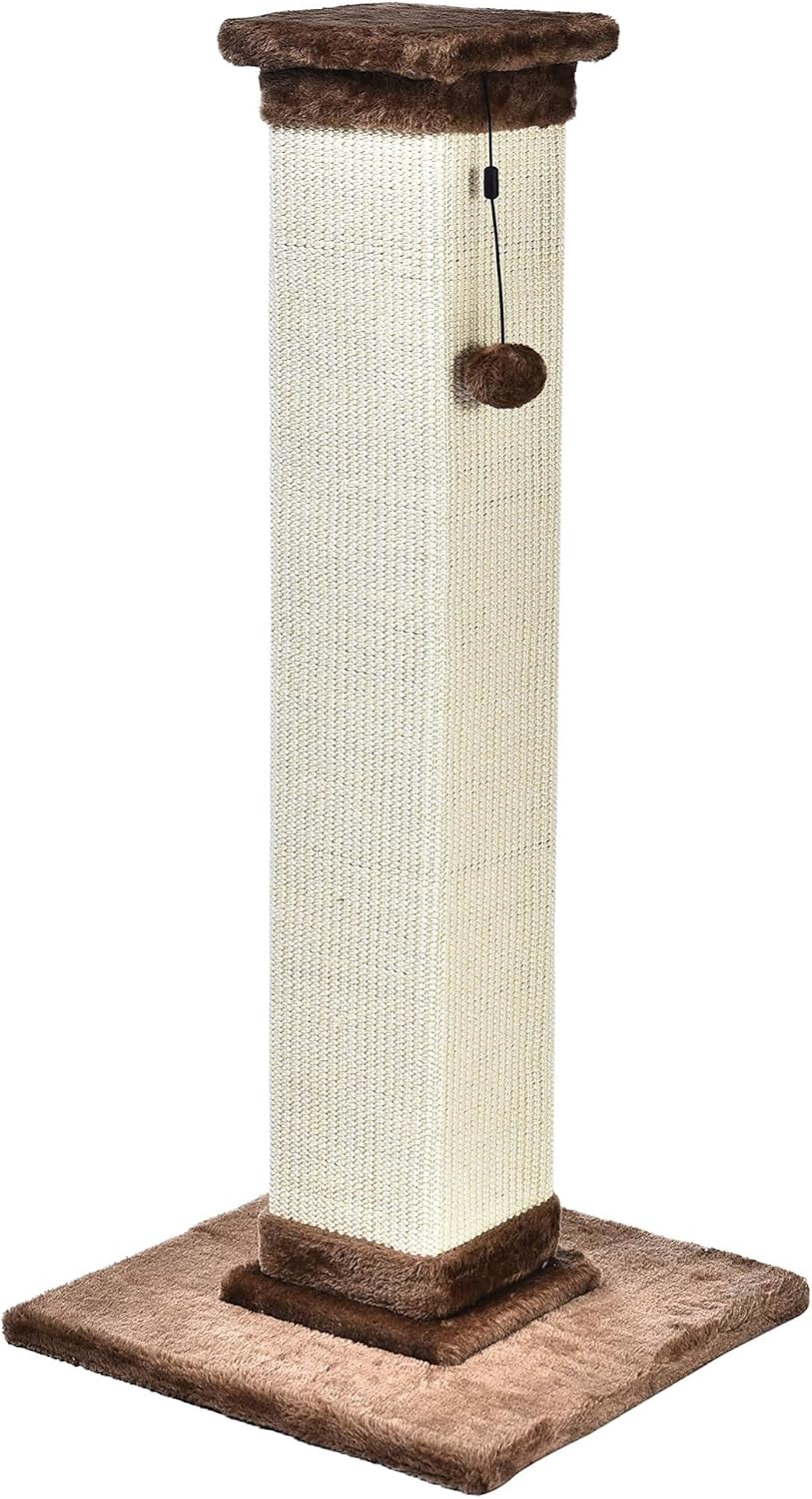 Amazon Basics Poste rascador alto para gatos con fibra de yute y alfombra marrón, grande, 15.75 pulgadas de largo x 15.75 pulgadas de ancho x 35.43 pulgadas de alto