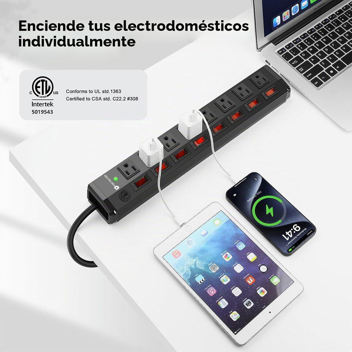 Regleta de alimentación resistente de 8 salidas con 8 interruptores