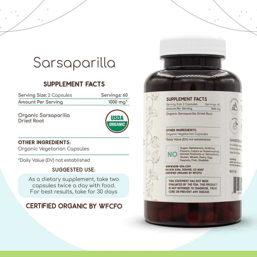 HerbEra Sarsaparilla USDA Organic 120 Cápsulas | Suplemento de hier...