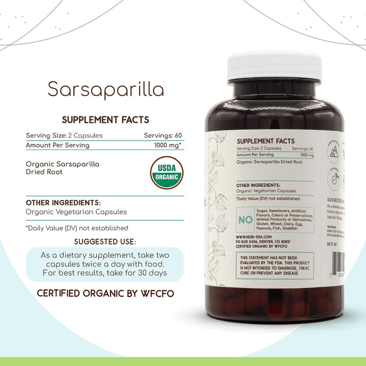 HerbEra Sarsaparilla USDA Organic 120 Cápsulas | Suplemento de hier...