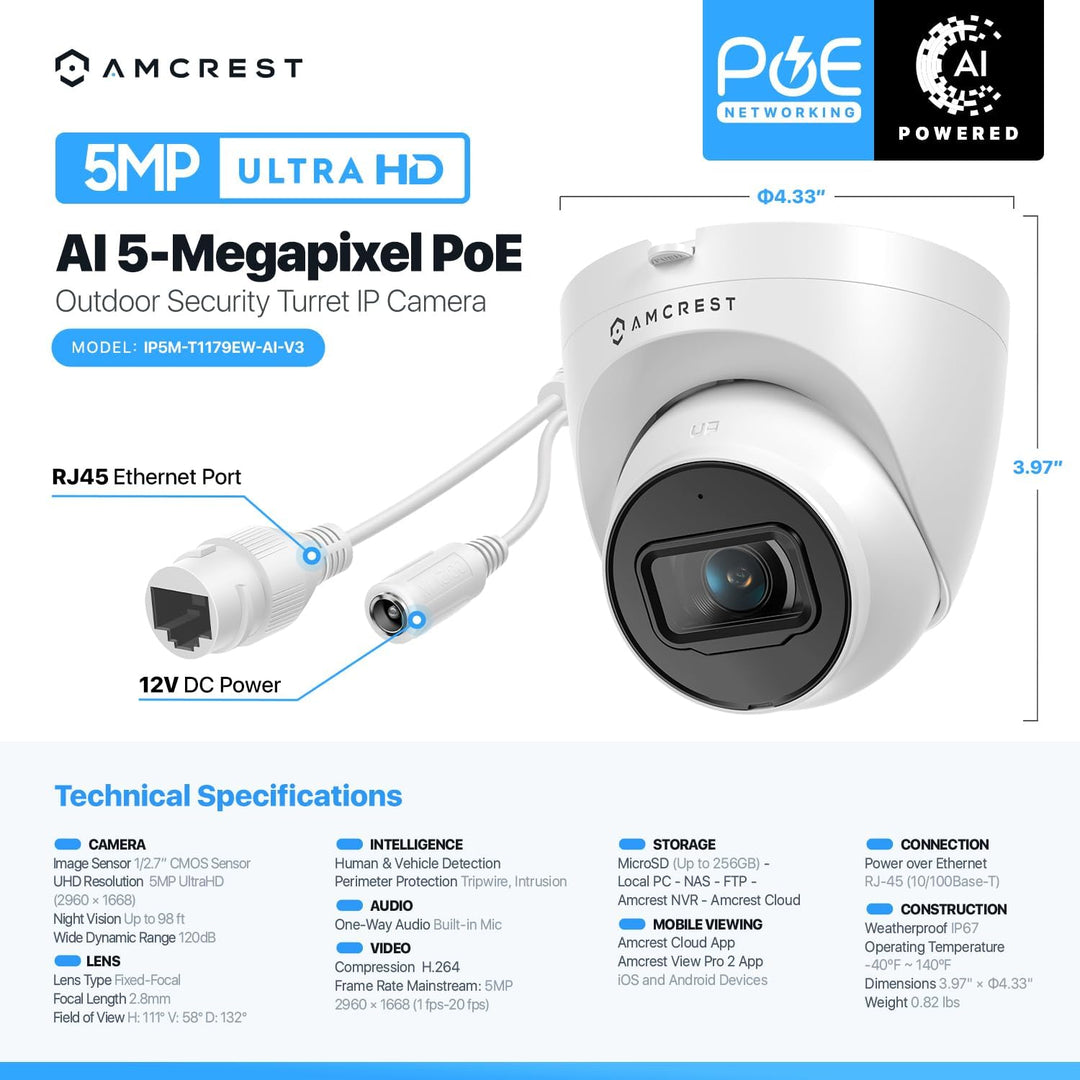 Amcrest Cámara PoE de torreta, de 5 MP, IP UltraHD para exteriores,...