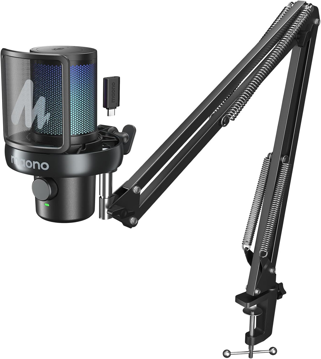 MAONO Micrófono inalámbrico DM40 Pro AI con soporte de brazo de micrófono, cancelación de ruido AI, cambiador de voz AI, toque para silenciar, micrófono de condensador inalámbrico de PC para juegos