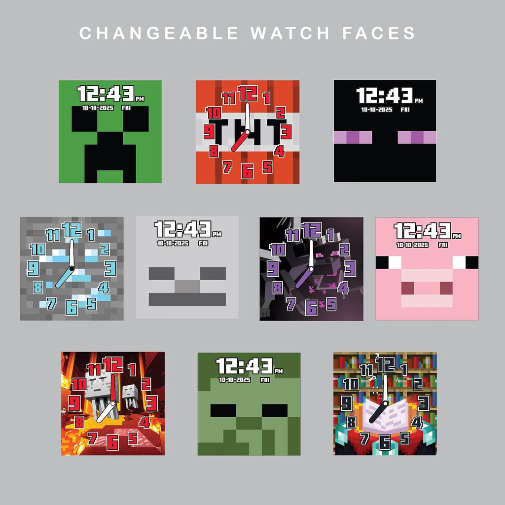 Minecraft - Reloj inteligente LED interactivo con temática de juegos para niños, 10 caras intercambiables, contador de pasos, calculadora, juegos, cámara selfie, alarma y temporizador, correas de