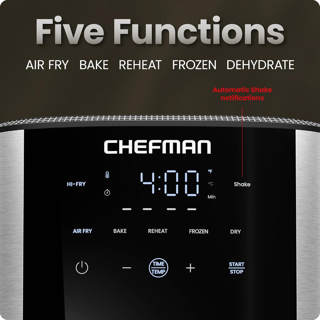 Chefman Freidora de aire de 6 cuartos de galón | TurboFry® 5 en 1 con opción Hi-Fry de 450°F para resultados más crujientes | Hornea, deshidrata, congelada | Cesta antiadherente XL apta para lavavajillas | Acero inoxidable