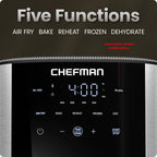 Chefman Freidora de aire de 6 cuartos de galón | TurboFry® 5 en 1 con opción Hi-Fry de 450°F para resultados más crujientes | Hornea, deshidrata, congelada | Cesta antiadherente XL apta para lavavajillas | Acero inoxidable