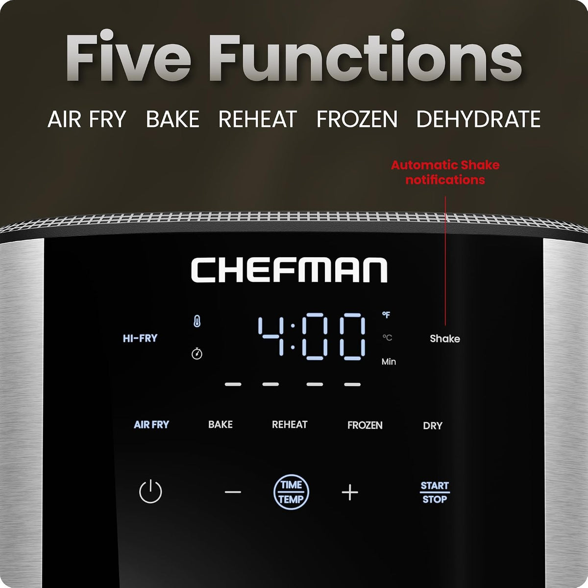 Chefman Freidora de aire de 6 cuartos de galón | TurboFry® 5 en 1 con opción Hi-Fry de 450°F para resultados más crujientes | Hornea, deshidrata, congelada | Cesta antiadherente XL apta para lavavajillas | Acero inoxidable