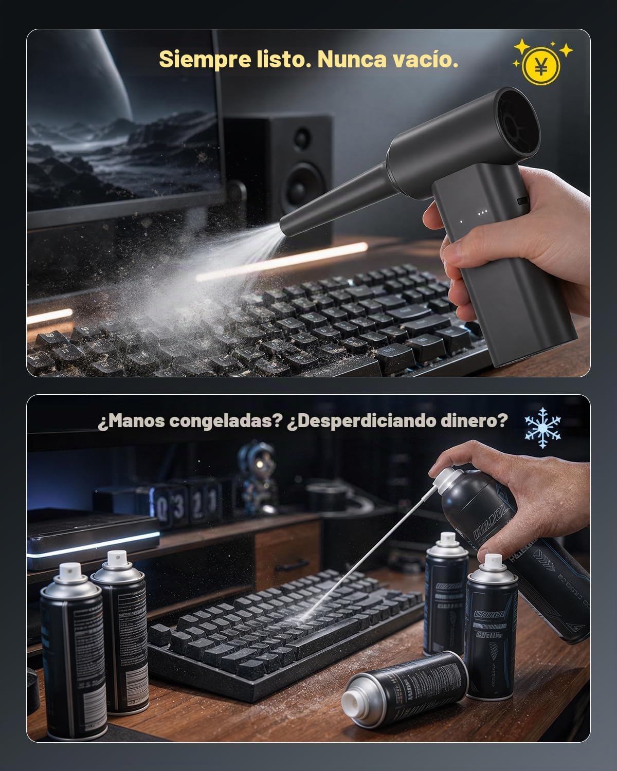 Plumero de aire comprimido 2 en 1 y aspiradora de automóvil recargable inalámbrica, 160000 RPM plumero de aire eléctrico, mini aspiradora de aluminio para PC, computadora, hogar, exteriores y