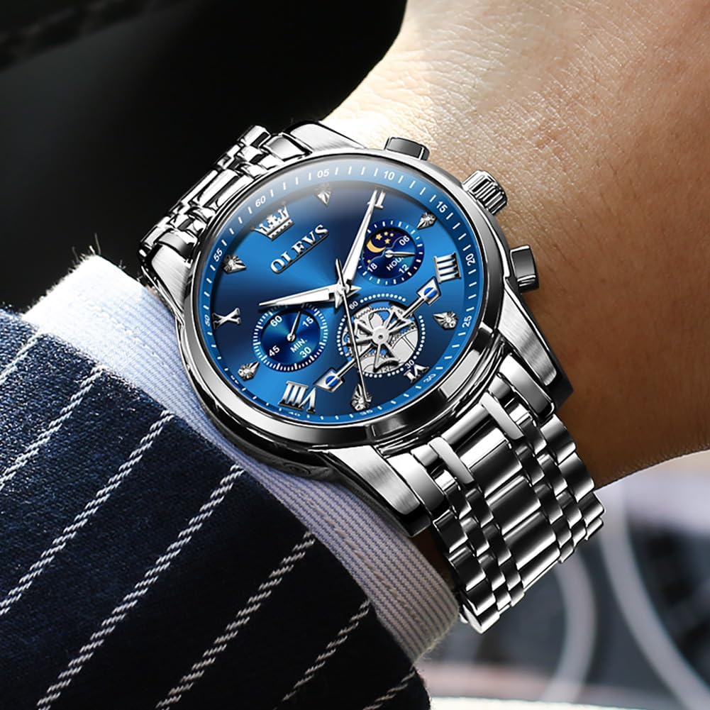 OLEVS Relojes para hombres Luxurious vestimenta acero inoxidable resistente al agua cronógrafo