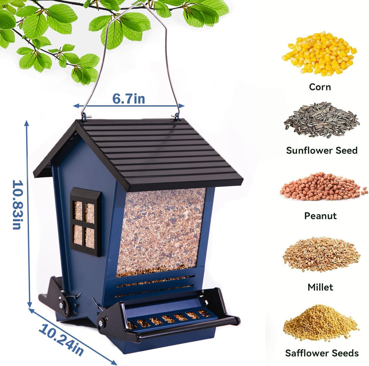 Comedero para pájaros a prueba de ardillas, colgante de metal para semillas de aves silvestres al aire libre, con perchas bilaterales activadas por peso, comedero grande que atrae a cardenales, gallineros y más pájaros, uno en azul