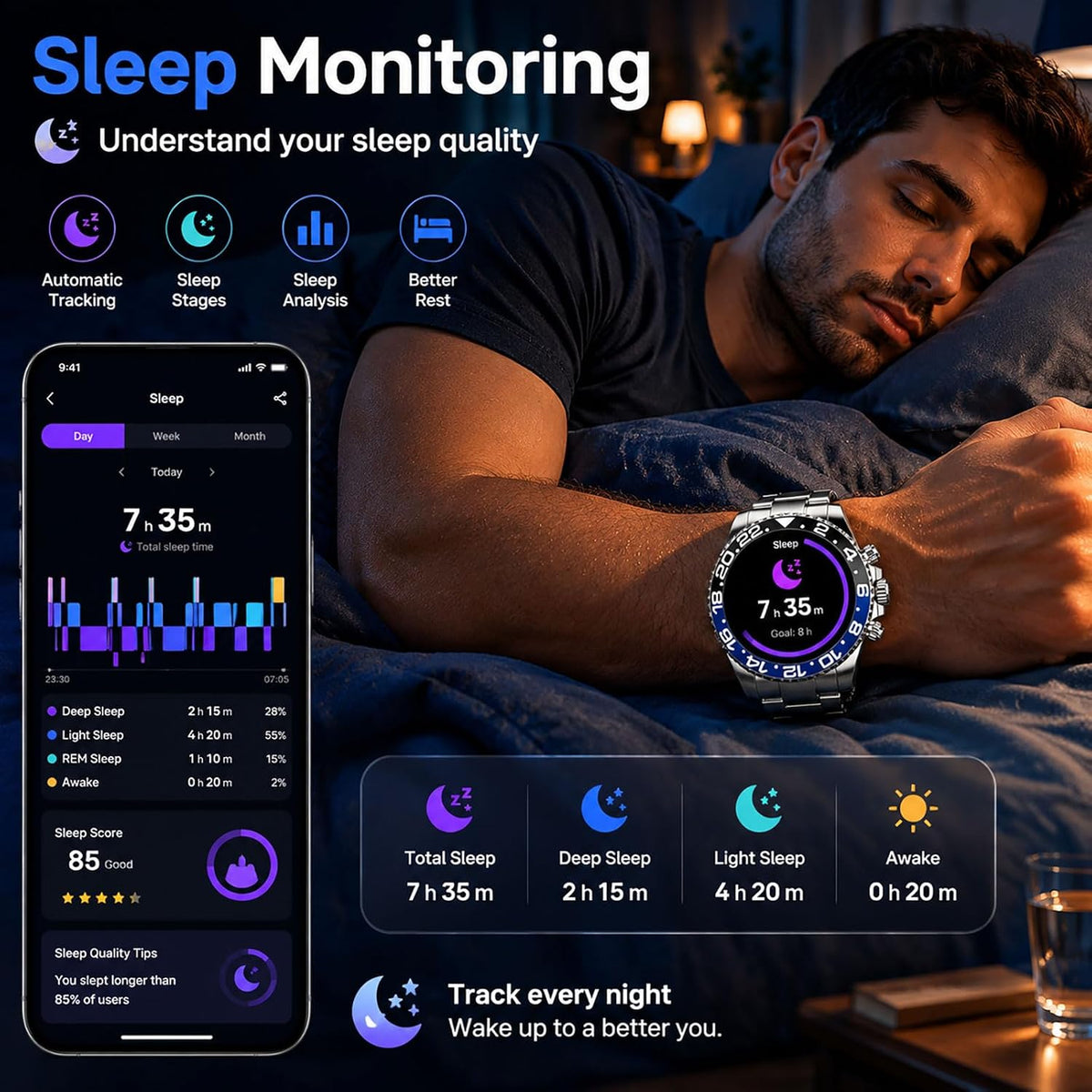 findtime Reloj inteligente para teléfonos Android, contestar llamadas, recordatorio de SMS, reloj inteligente compatible con iPhone, Bluetooth, acero inoxidable, reloj de fitness para hombre, reloj inteligente