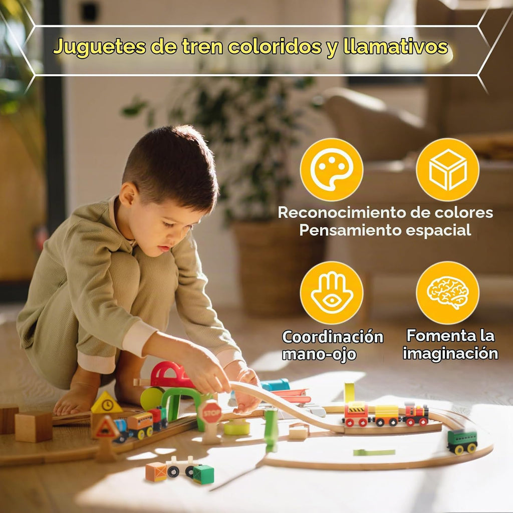 SainSmart Jr. Juego de Tren de Madera de 12 Piezas - Juguetes de Tren con Caja de Almacenamiento, Trenes de Juguete Magnéticos Compatibles con Todas las Principales Marcas, Regalo para Niños Pequeños