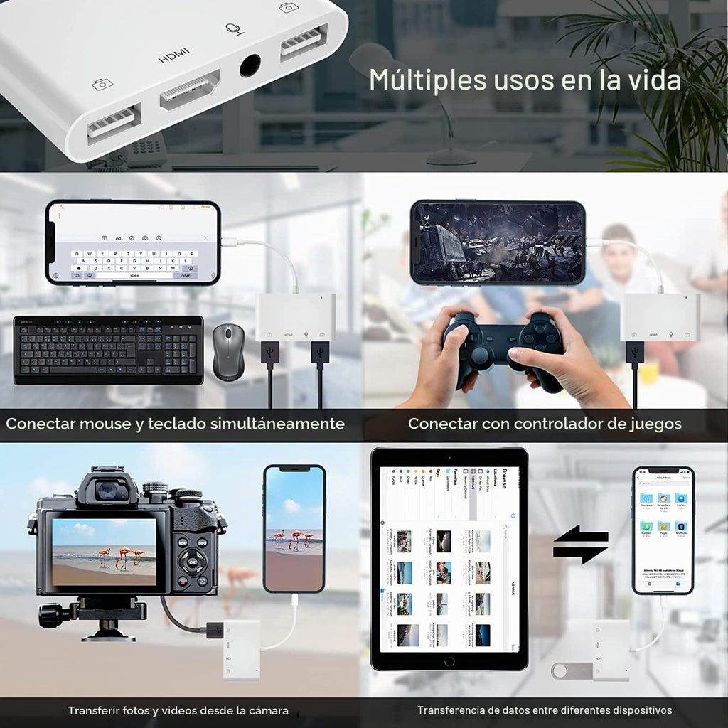 Adaptador Lightning a HDMI para iPhone/iPad a TV Adaptador USB OTG dual