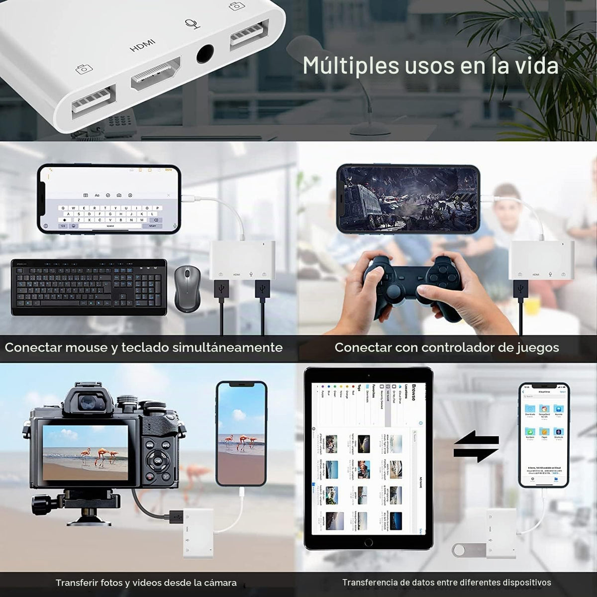 Adaptador Lightning a HDMI para iPhone/iPad a TV Adaptador USB OTG dual