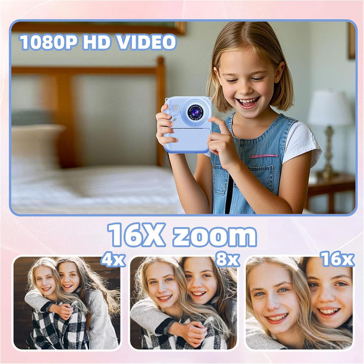 Cámara de impresión instantánea para niños, cámara de video 1080P c...