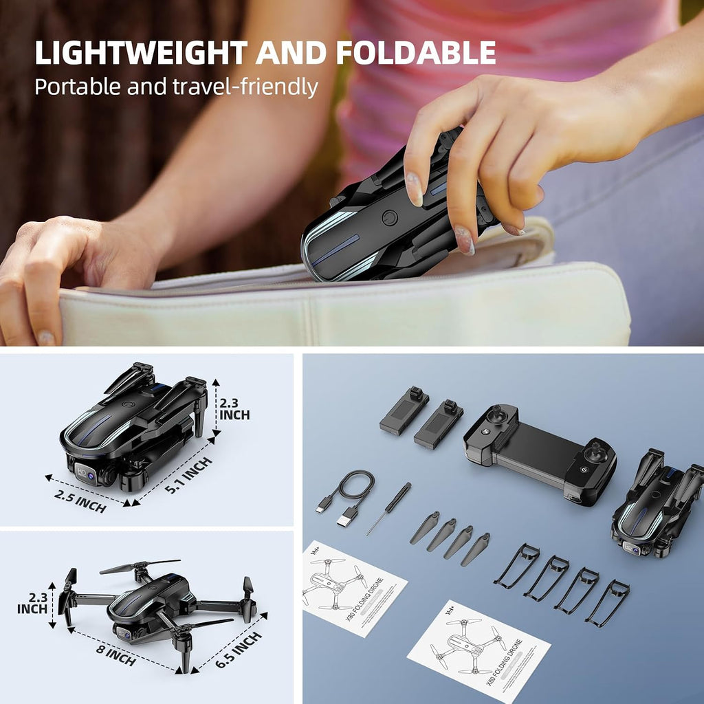 Dron con cámara para adultos principiantes y niños, divertido mini dron plegable 1080P para emocionante juego en interiores y exteriores, cuadricóptero RC con 2 baterías, arranque con una tecla, fácil