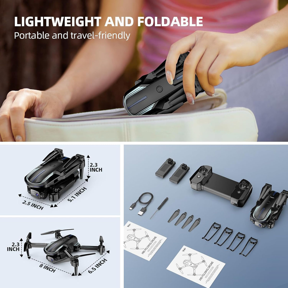 Dron con cámara para adultos principiantes y niños, divertido mini dron plegable 1080P para emocionante juego en interiores y exteriores, cuadricóptero RC con 2 baterías, arranque con una tecla, fácil