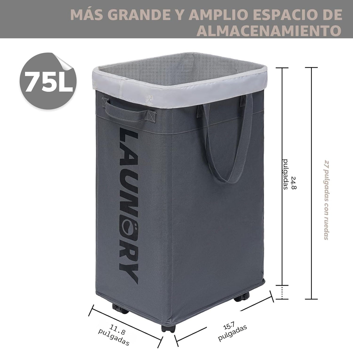 Goodpick Cesta de lavandería de 75L con ruedas y bolsa de lavado extraíble