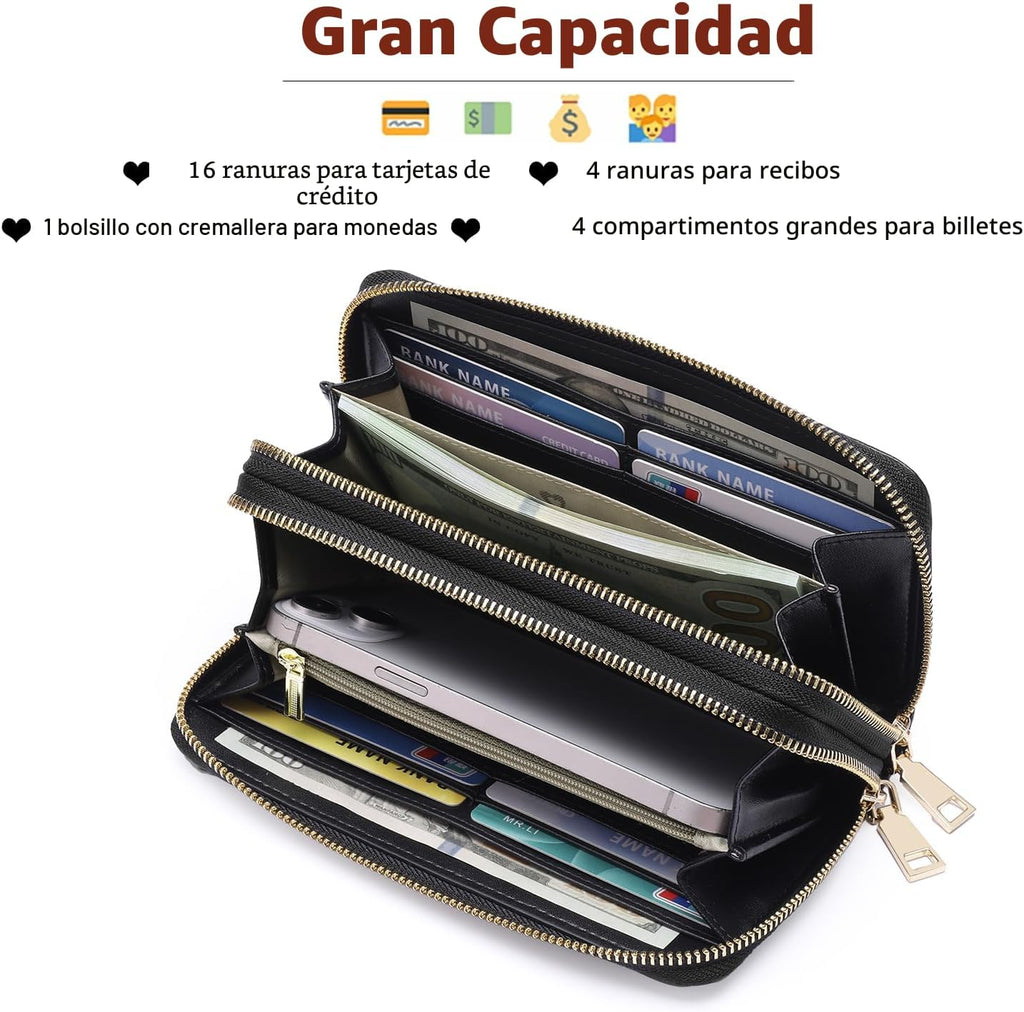 GOIACII Cartera de mujer de gran capacidad con doble cremallera, tarjetero y soporte para teléfono, con bloqueo RFID, de cuero con correa, negro (A01 Black), Casual