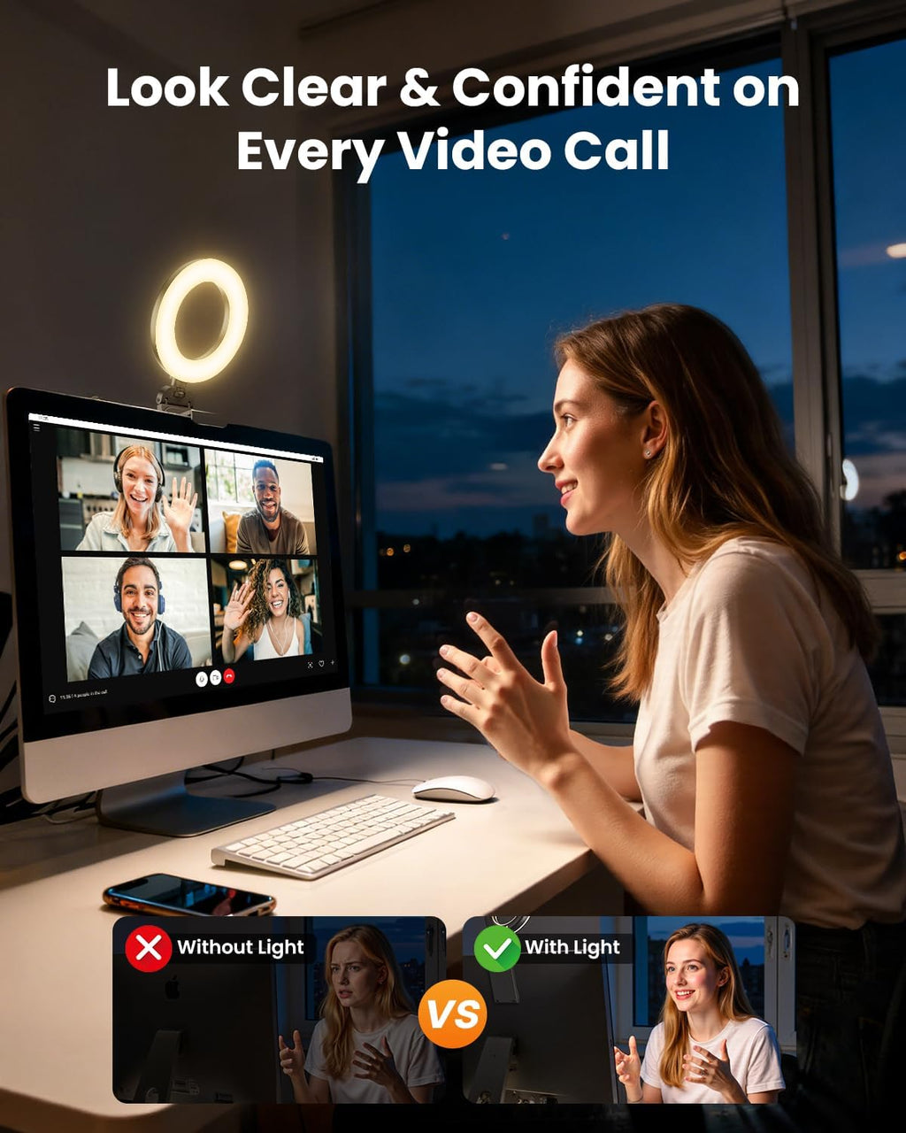Luz de Anillo para Portátil con Clip de Escritorio, Iluminación de Videoconferencia de Computadora Pequeña con Soporte para Teléfono/Cámara Web/Monitor, Mini Luz LED Portátil de 5" para