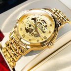 Reloj mecánico automático para hombre OLEVS Gold Skeleton, autoviento, de lujo para vestir, brillante con diamantes, acero inoxidable, resistente al agua, luminoso, de pulsera