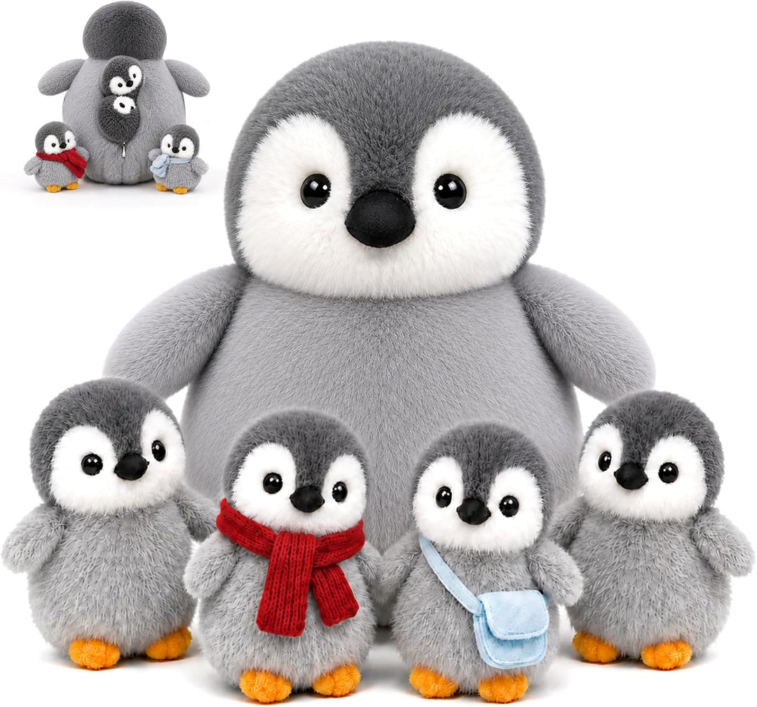 YIIQUWEN Juguete de peluche de pingüino, mamá pingüino con 4 pequeñ...