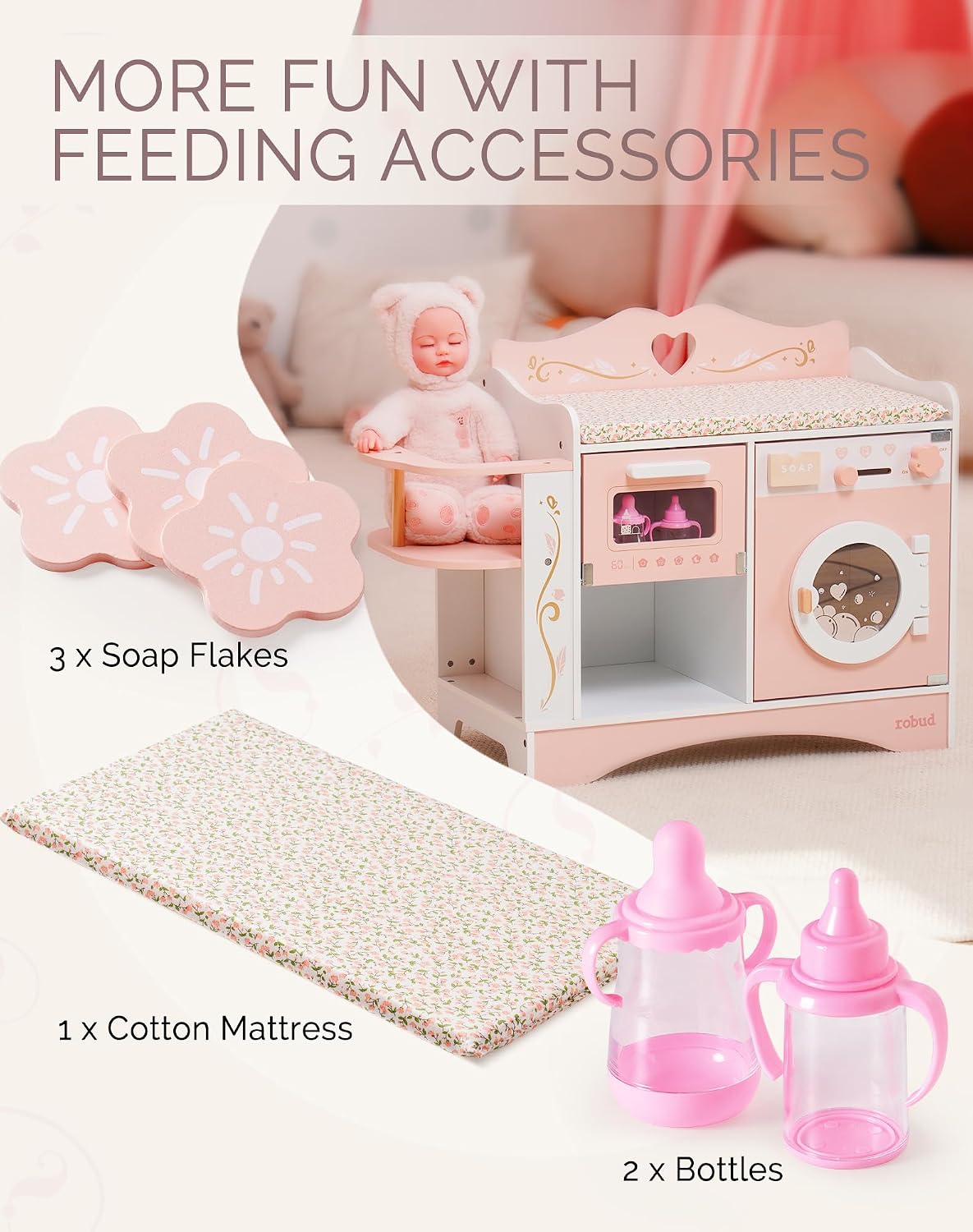 ROBUD Cuna de muñeca de bebé, camas de muñeca rosa, estación de cambio de muñeca de madera con asiento, esterilizador de botellas, lavadora y almacenamiento, accesorios para muñecas de cuna de juguete