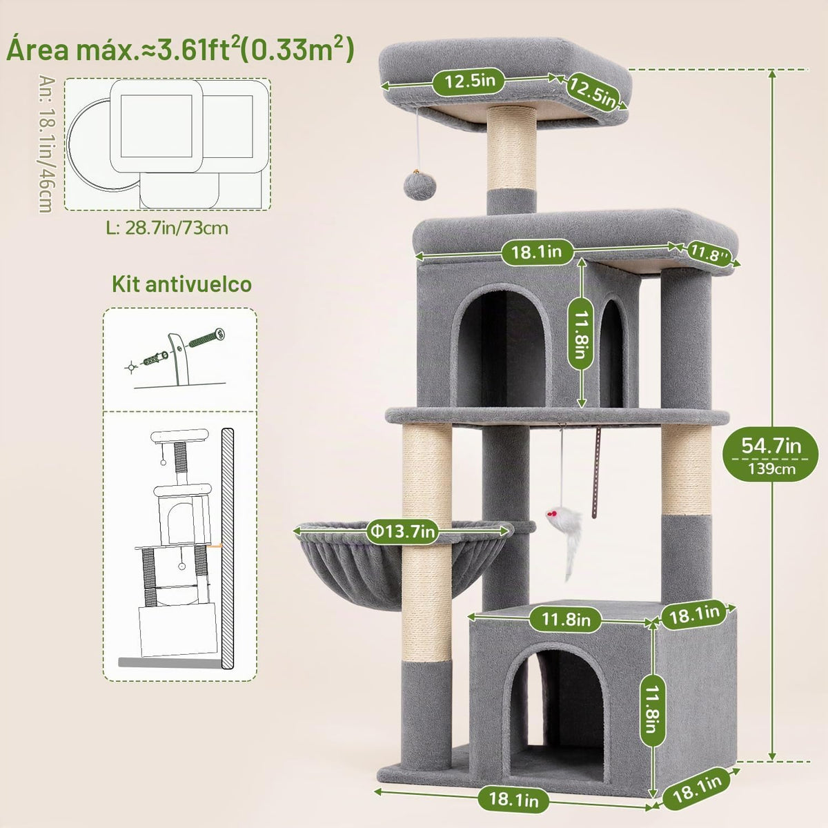 Globlazer Cat Tree Tower 2 Condo Kitten Scratching Post, F54, gris claro