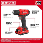 CRAFTSMAN V20 atornillador y taladro inalámbrico de 3/8 in., batería, cargador (CMCD600D1)