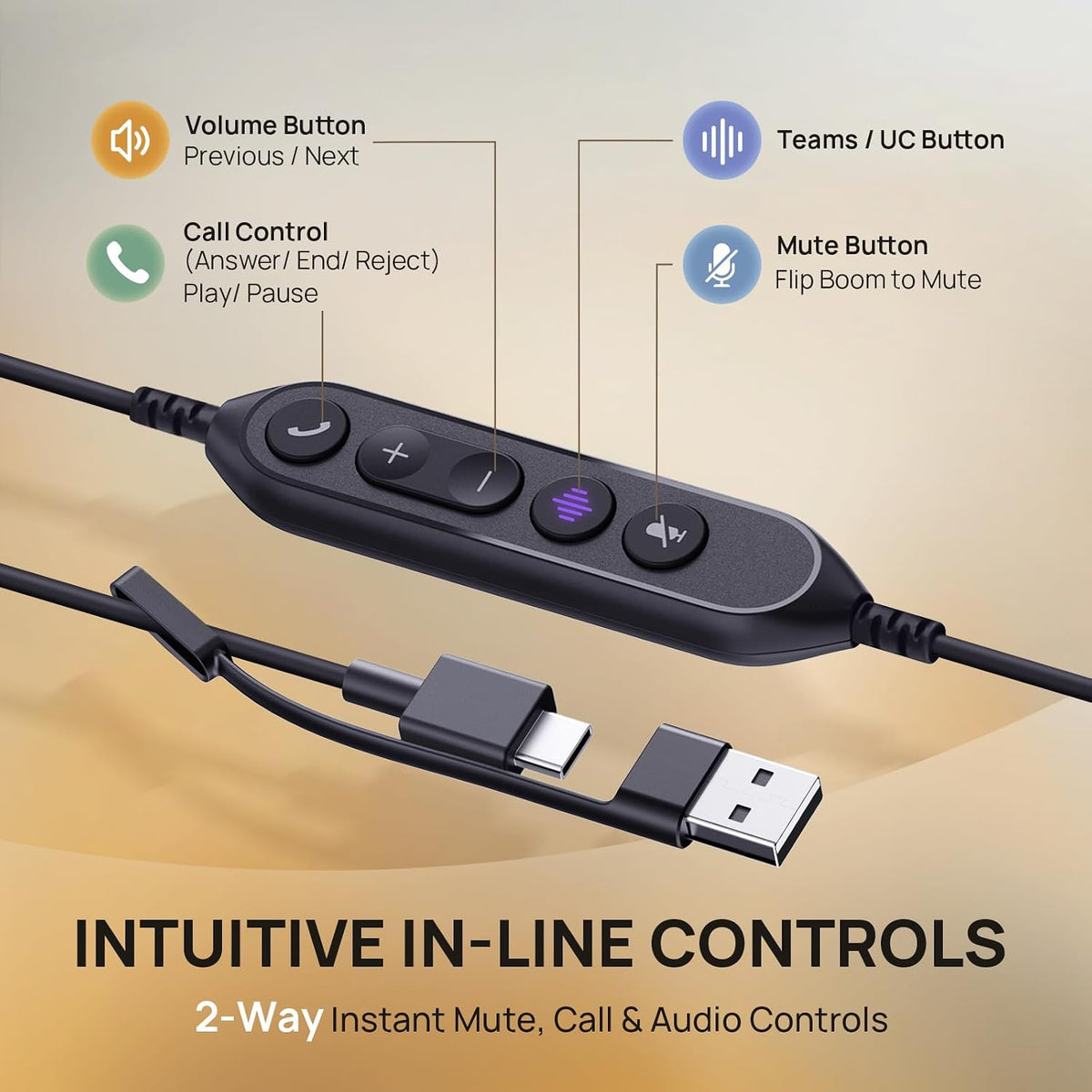 Yealink Auriculares con cable UH48 SE ANC, USB-C/A, controles en línea, 6