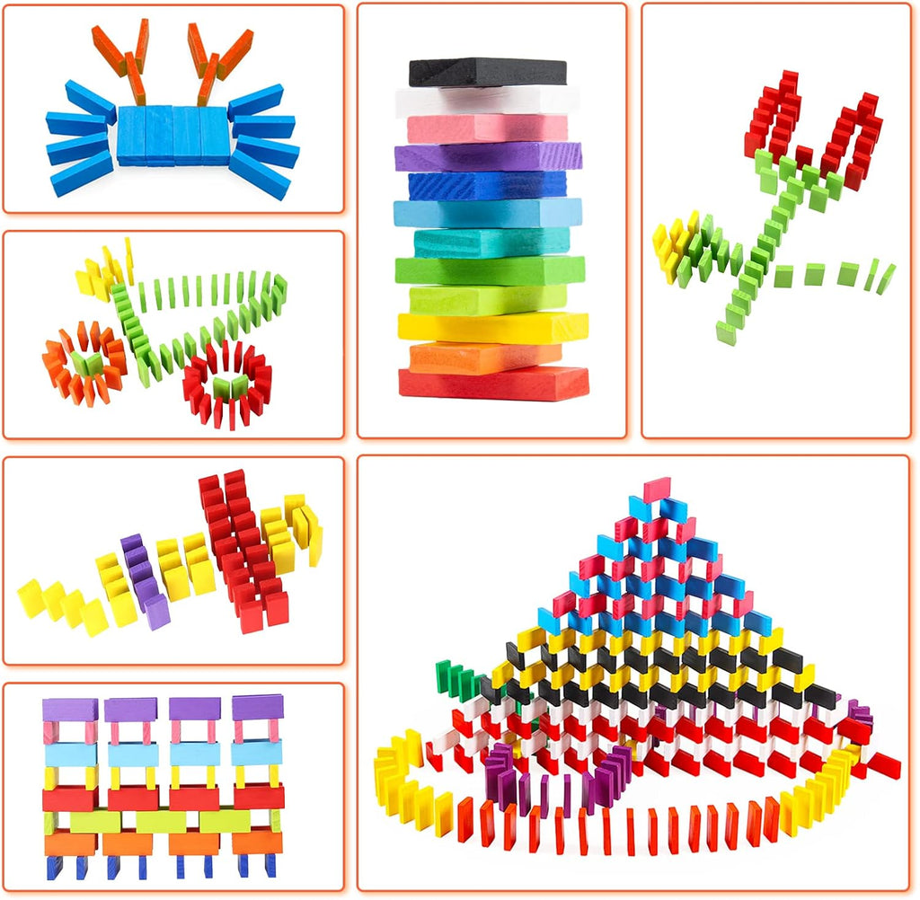 WOOD CITY Juego de dominó de 1000 piezas para niños con 20 bloques adicionales, coloridos azulejos de dominó para construir, apilar, carreras, volar, dominó de madera con bolsa de almacenamiento y