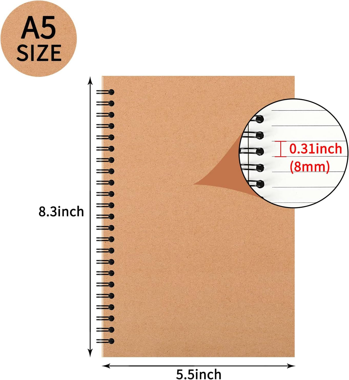 Paquete de 24 cuadernos espiral A5 con cubierta de papel kraft, 5x8 pulgadas, papel con líneas rayadas, para trabajo, bocetos, estudio, toma de notas, regalos, marrón (24 PIEZAS (con líneas))