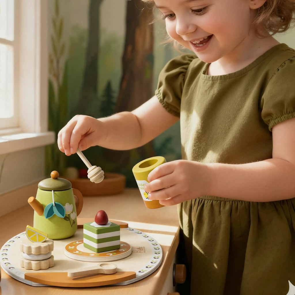 Wooden Tea Party Set para Kids 3-5 con Desserts Honey Dipper Girls Boys