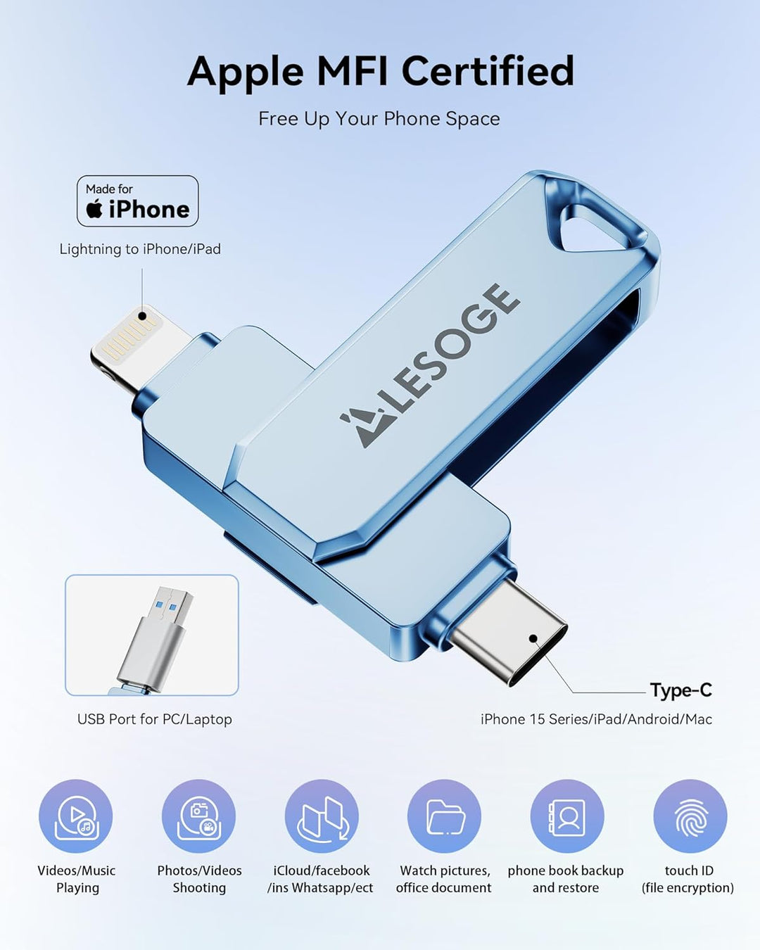 Unidad Flash de 512GB Certificada MFi para iPhone Photo Stick Thumb...